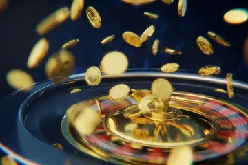 A glowing roulette wheel with cascading chips, symbolizing the engaging live and instant-win games available on TALABAT.